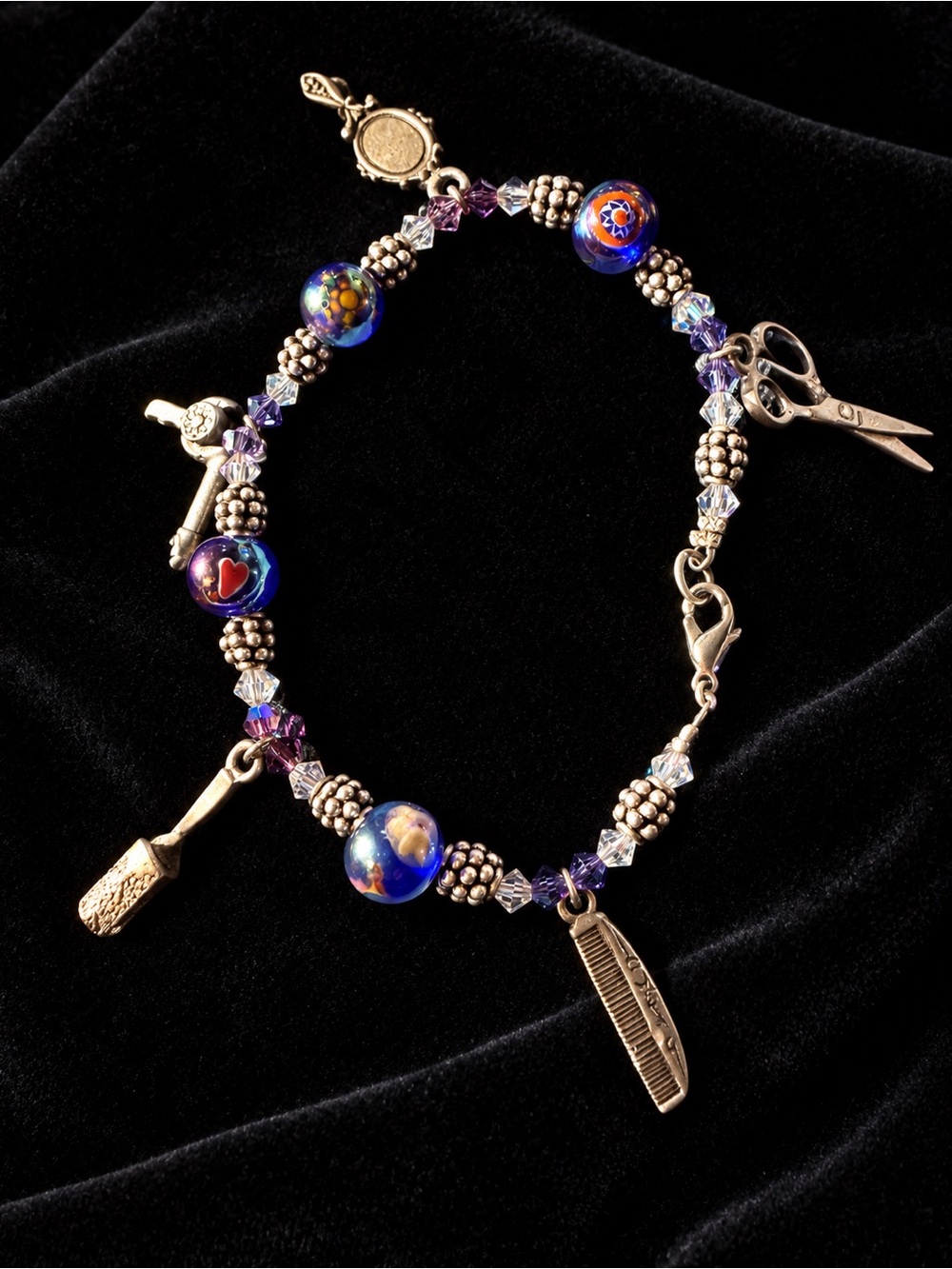 Silver Beaded Bracelet with Hairdresser Charms